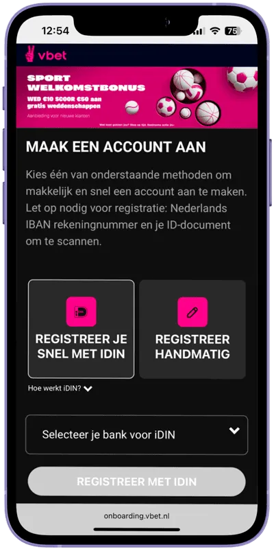 Vbet-registratiepagina met de sportwelkomstbonus en twee opties om een account aan te maken: registreren met iDIN of handmatig registreren.