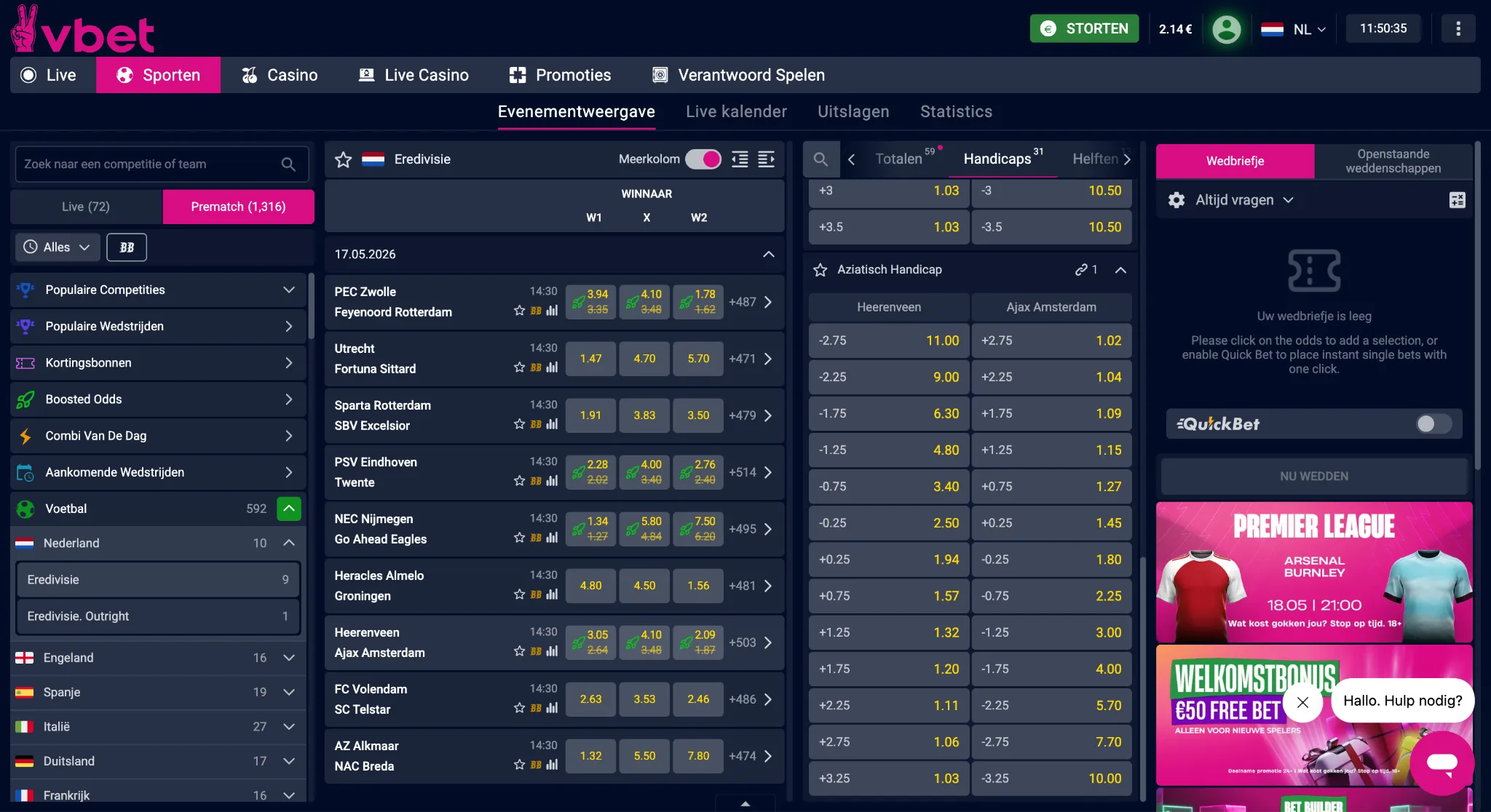 Vbet-sportsbook met handicap 3-weg, doelpunten handicap en Aziatische handicap.