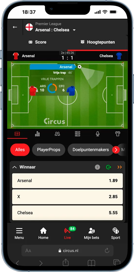 Circus live tracker voor Arsenal - Chelsea bij 1-1, met wedstrijdvisualisatie, vrije trap en actuele winnaar-odds.